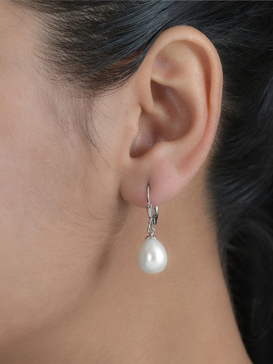 Ornate Jewels 10Mm Real Pearl 925 Silver Leverback Drop Earrings-1
