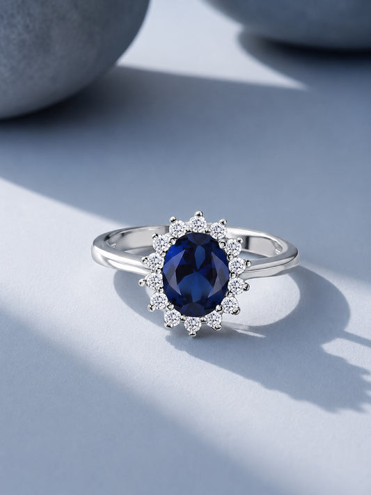 Oval Blue Sapphire CZ Silver Ring