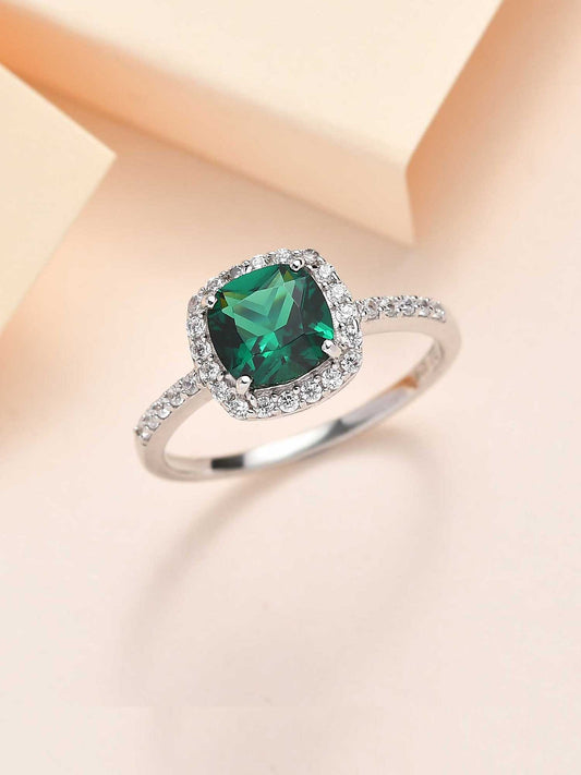 Princess Emerald Silver American Diamond Ring | Cocktail Ring - Ornate Jewels Jewellery
