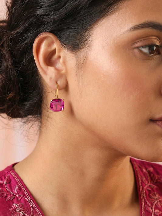Elegant Natural Rhodolite Pink Cushion Drop Earrings