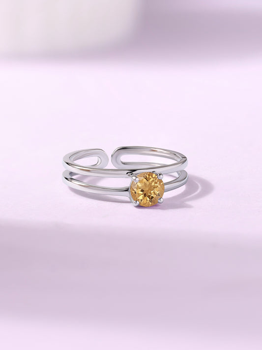 Natural Citrine Classic Solitaire Silver Ring