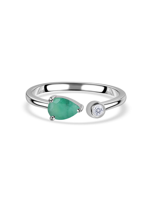 Natural Emerald Open Wrap Silver Ring with Topaz Accent