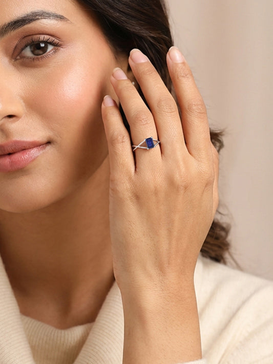 Natural Blue Sapphire Modern Octagon Silver Ring