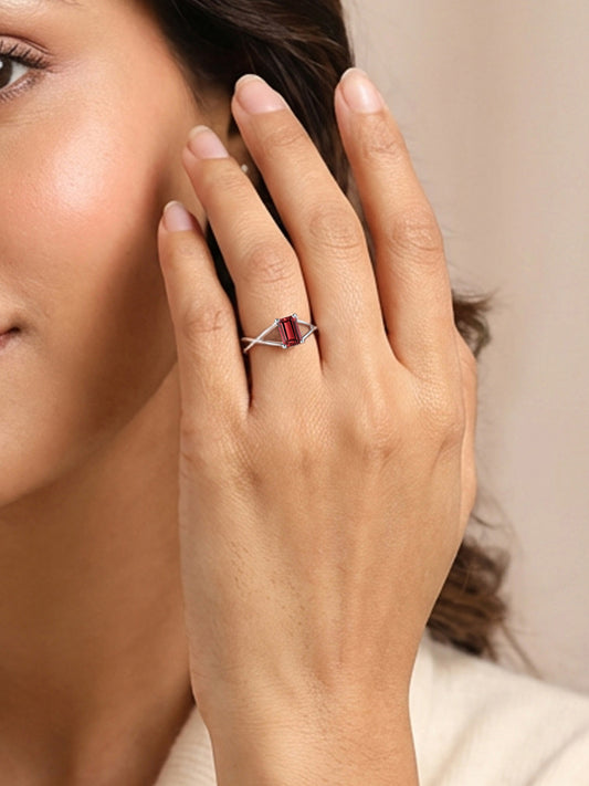 Natural Garnet Modern Octagon Silver Ring