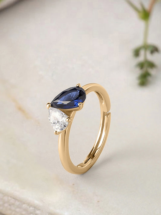 Pear Blue Sapphire Toi Et Moi Yellow Gold Adjustable Ring