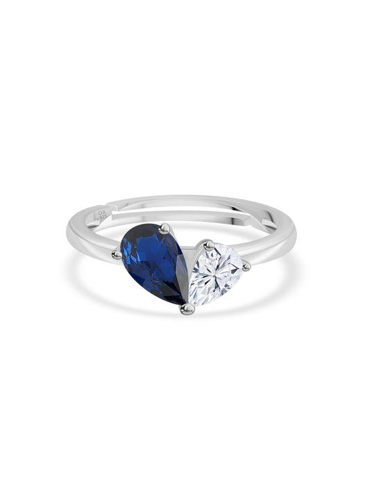 Pear Blue Sapphire Toi Et Moi Adjustable Silver Ring for Women