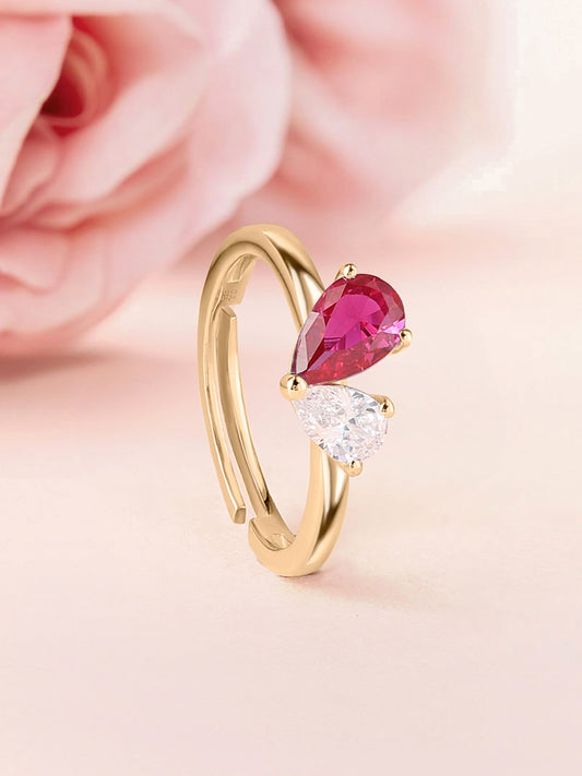 Pear Red Ruby Toi Et Moi Yellow Gold Adjustable Ring