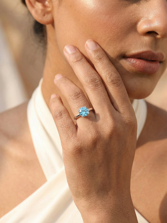 Silver Blue Topaz CZ Round Ring