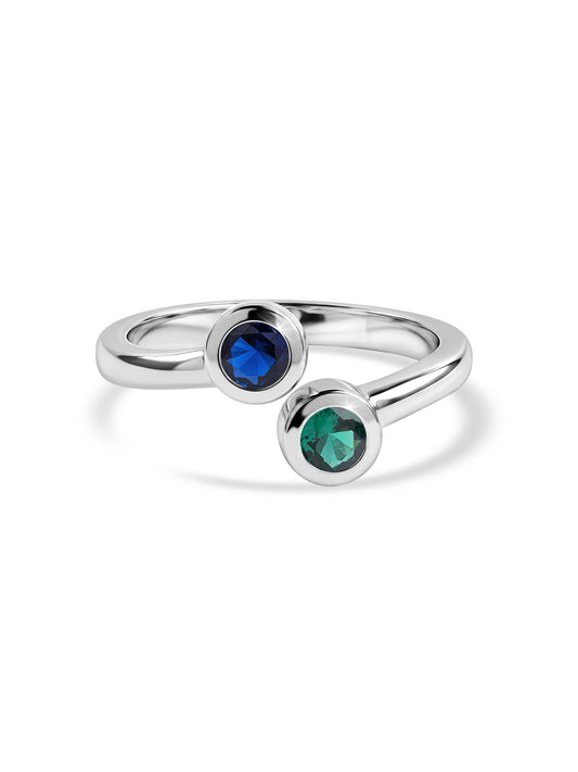Twin Gem Blue Sapphire Emerald Silver Adjustable Ring