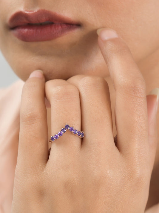 Rose Gold Amethyst CZ Adjustable Chevron Ring For Her