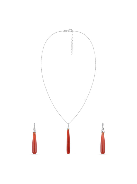 Natural Red Onyx & White Zircon Silver Jewellery Set