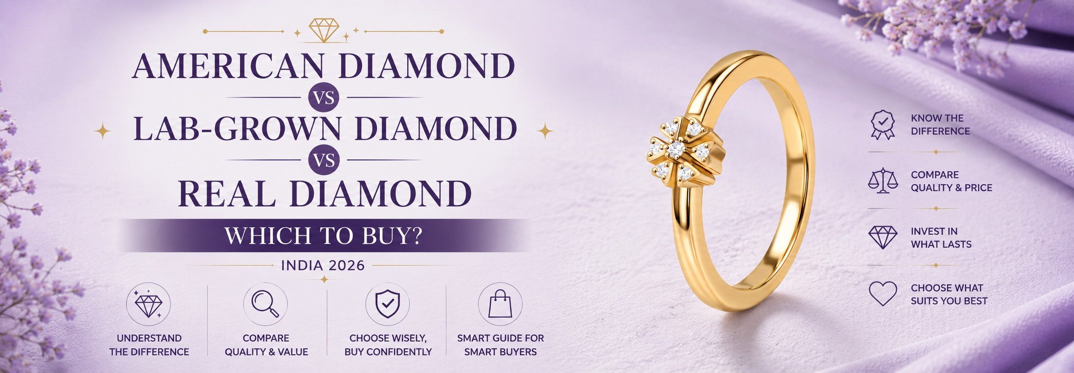 Diamond buying guide comparing American diamond lab-grown diamond and real natural diamond for India 2026