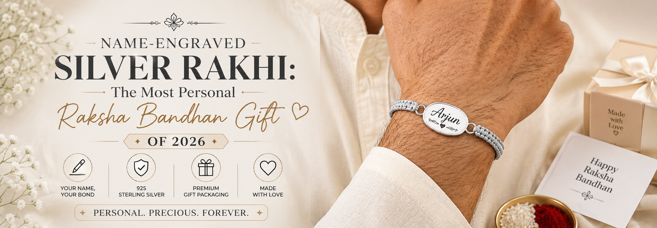 Name-engraved silver rakhi bracelet with personalized design for Raksha Bandhan 2026 gift