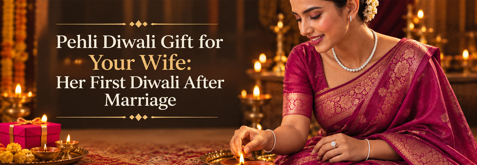 Pehli Diwali gift for wife lighting diya wearing diamond necklace and bracelet in red saree