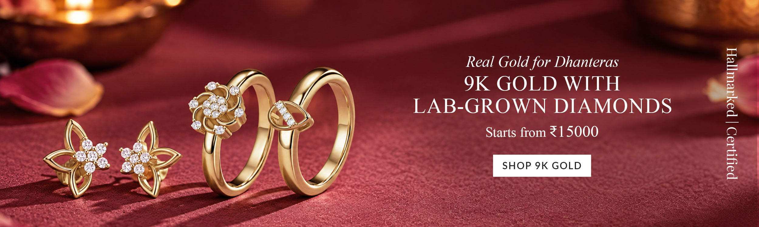 9K Gold Jewellery with Lab Grown Diamonds - hallmarked gold earrings and rings, Dhanteras gold jewelry collection