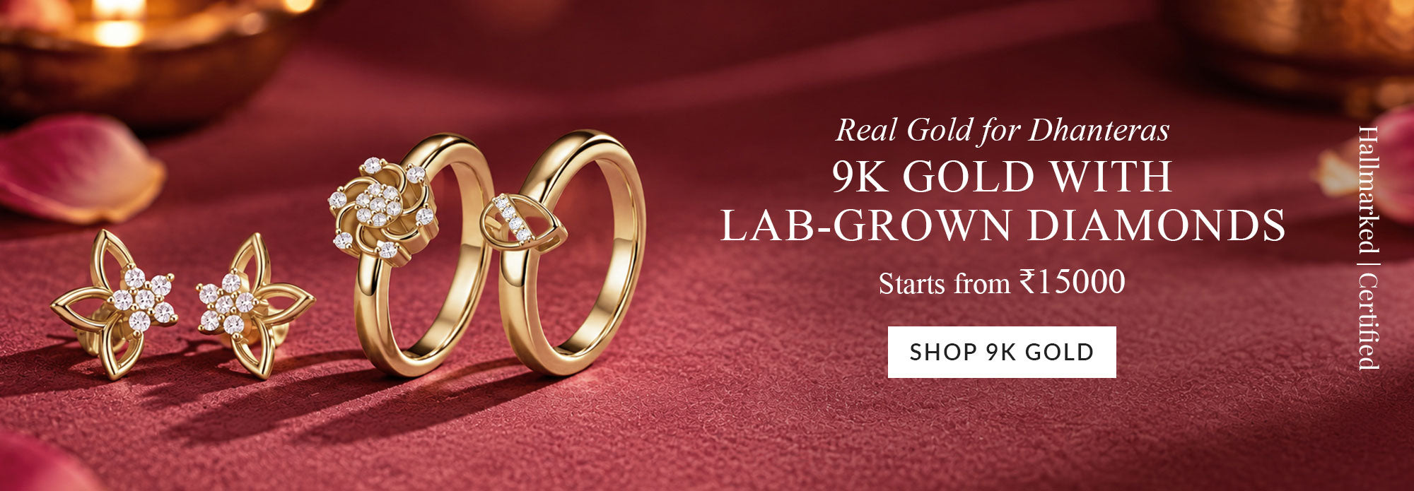 9K Gold Jewellery with Lab Grown Diamonds - hallmarked gold earrings and rings, Dhanteras gold jewelry collection