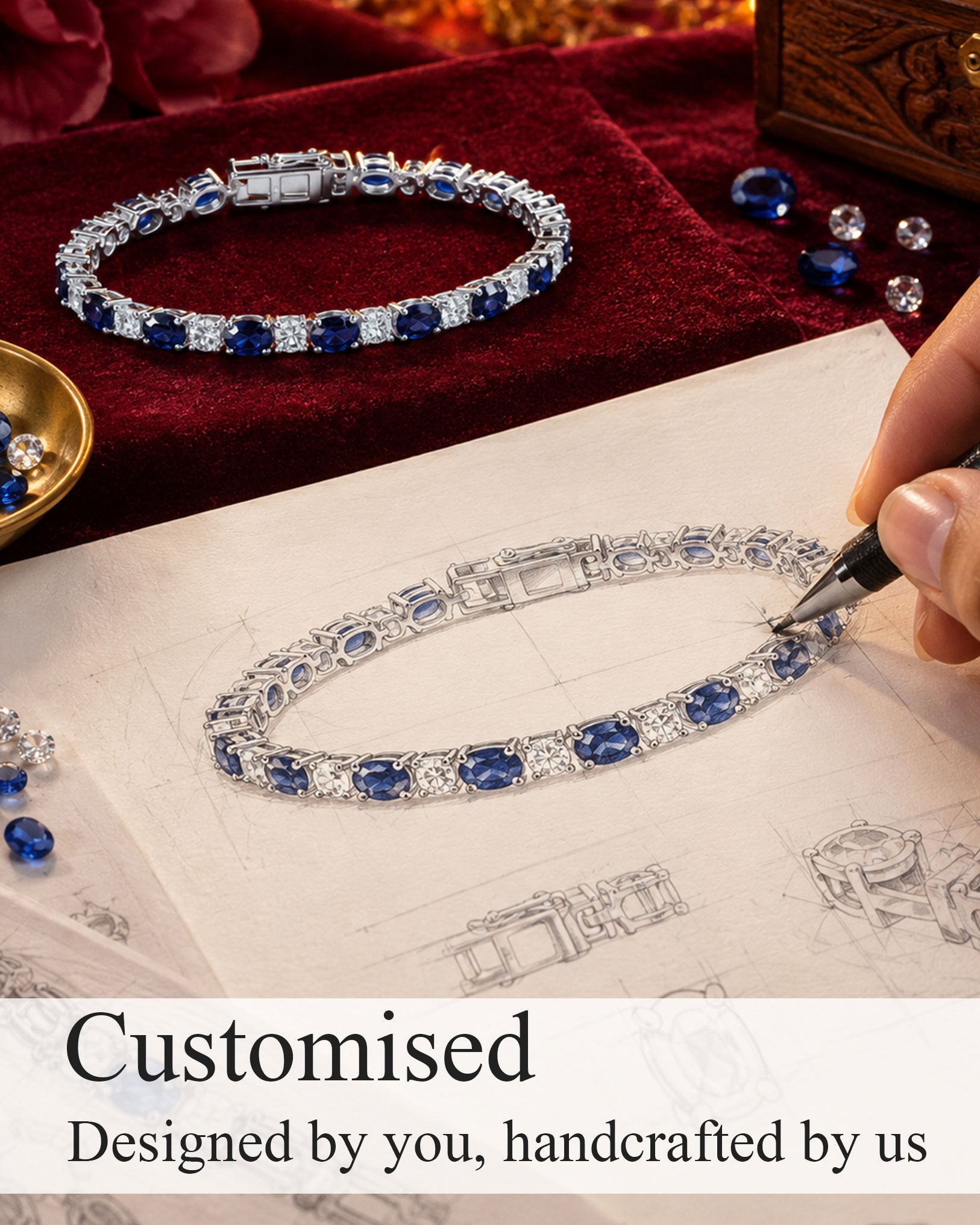 Customised Jewellery - sapphire and diamond tennis bracelet design sketch, designed by you handcrafted by us