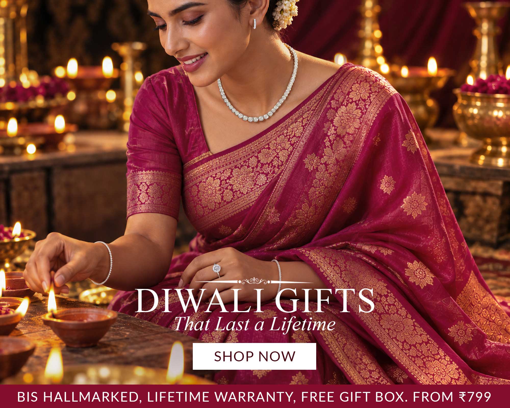Diwali Gifts Jewelry - BIS hallmarked diamond necklace and bracelet, lifetime warranty jewelry gift collection