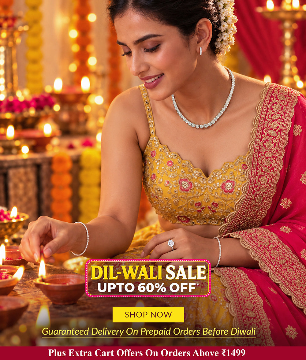 Diwali Sale Banner – Up to 60% Off on Festive Jewellery Shopping, Extra Cart Offers Above ₹1,499 and Guaranteed Pre-Diwali Delivery on Prepaid Orders.