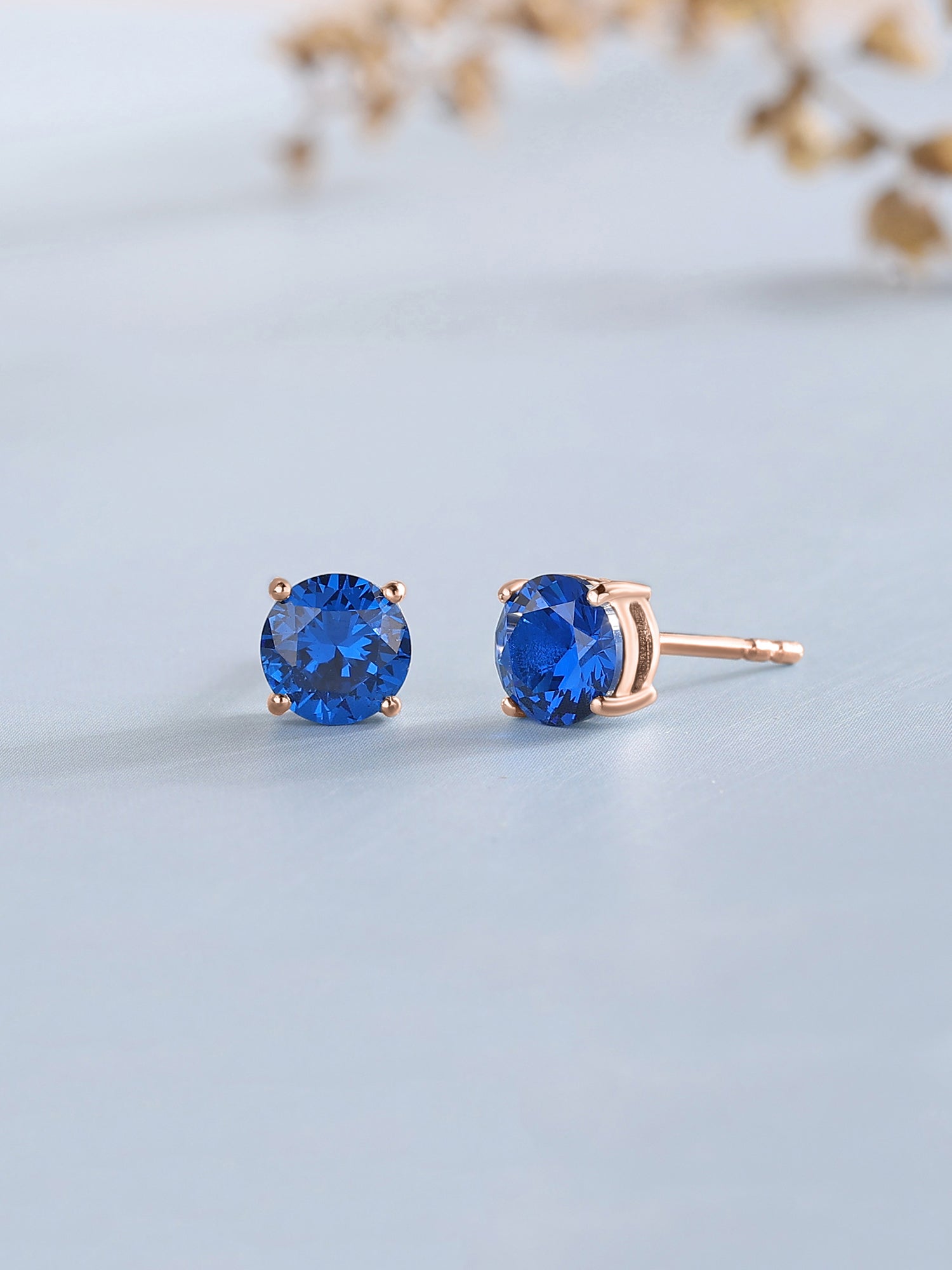 1 Carat Rose Gold Blue Sapphire Solitaire Stud Earrings
