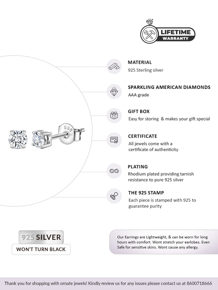 1 Carat AAA Grade American Diamond Look Solitaire Stud Earrings Made With 925 Silver