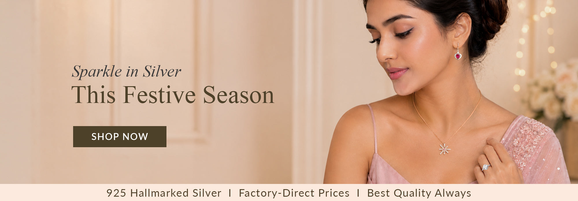 Sparkle in silver this festive season woman wearing 925 hallmarked silver jewelry necklace earrings ring factory direct prices