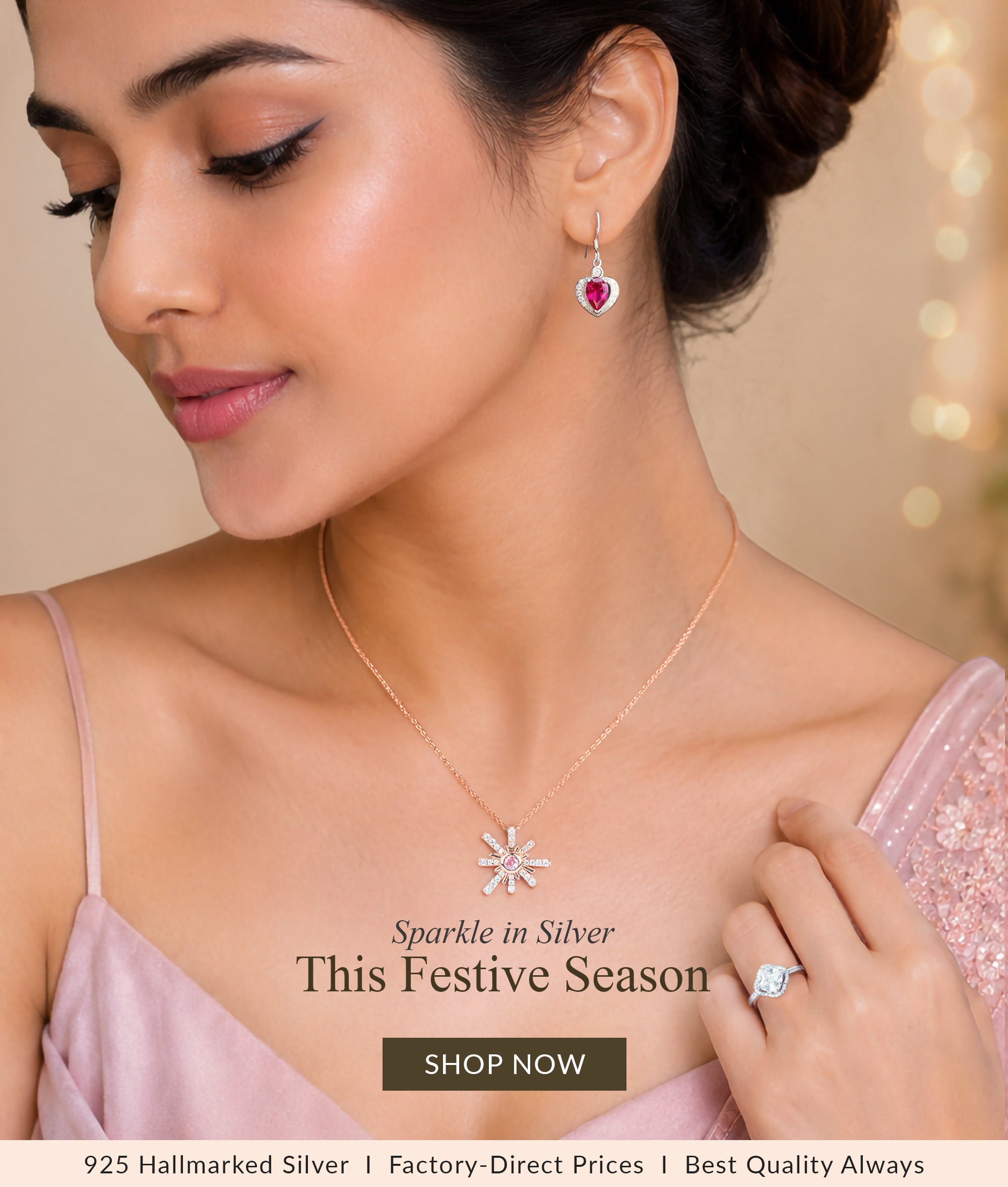Sparkle in silver this festive season woman wearing 925 hallmarked silver jewelry necklace earrings ring factory direct prices