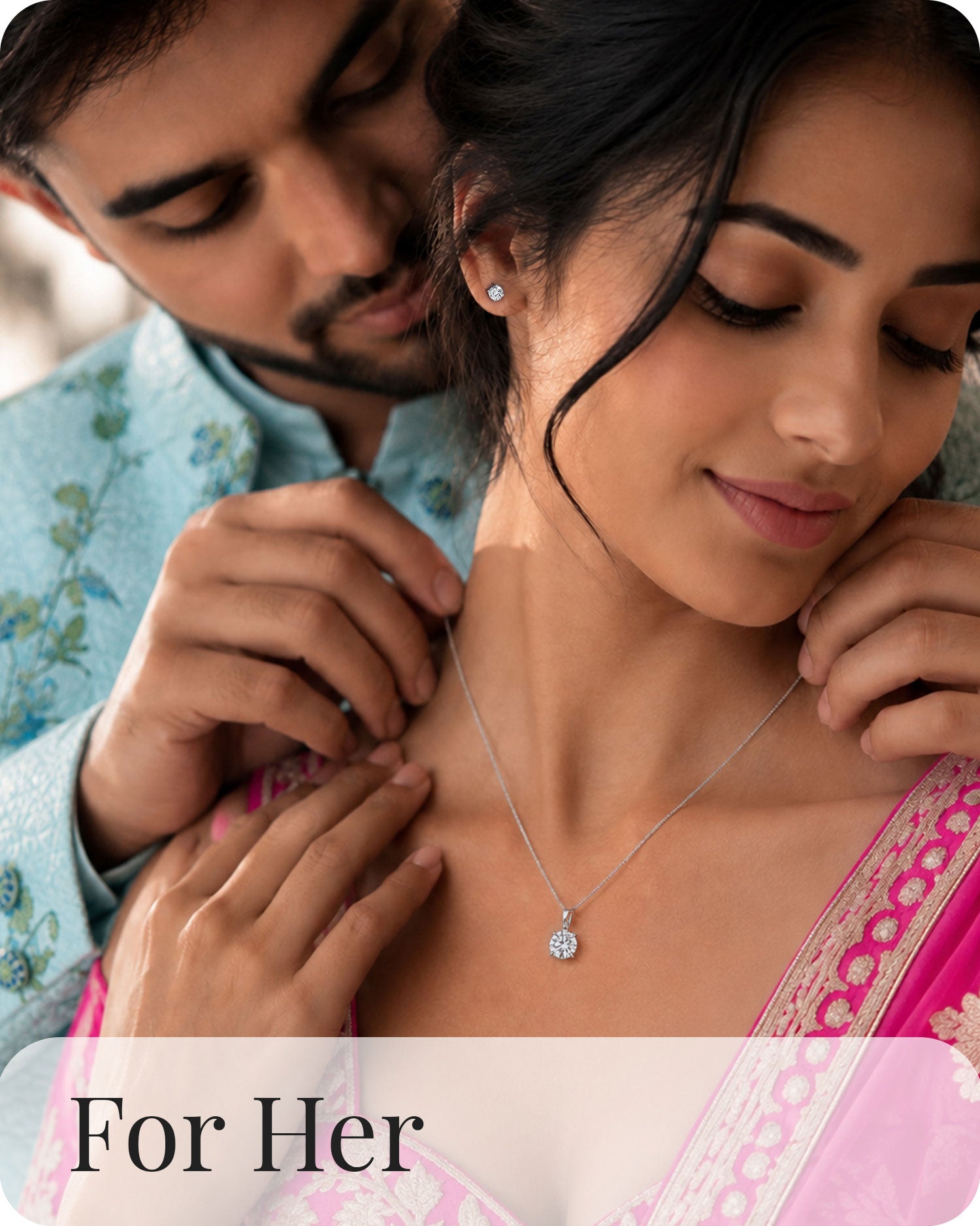 Gifts for Her - couple with diamond pendant necklace and stud earrings, jewelry gift for wife girlfriend