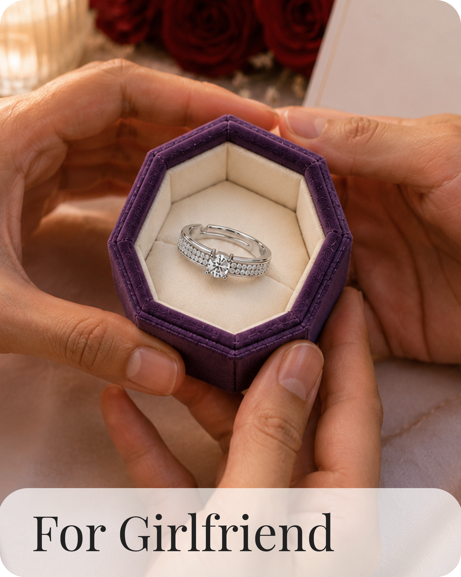 American Diamond engagement ring in purple gift box romantic jewelry proposal ring for girlfriend premium jewelry gift