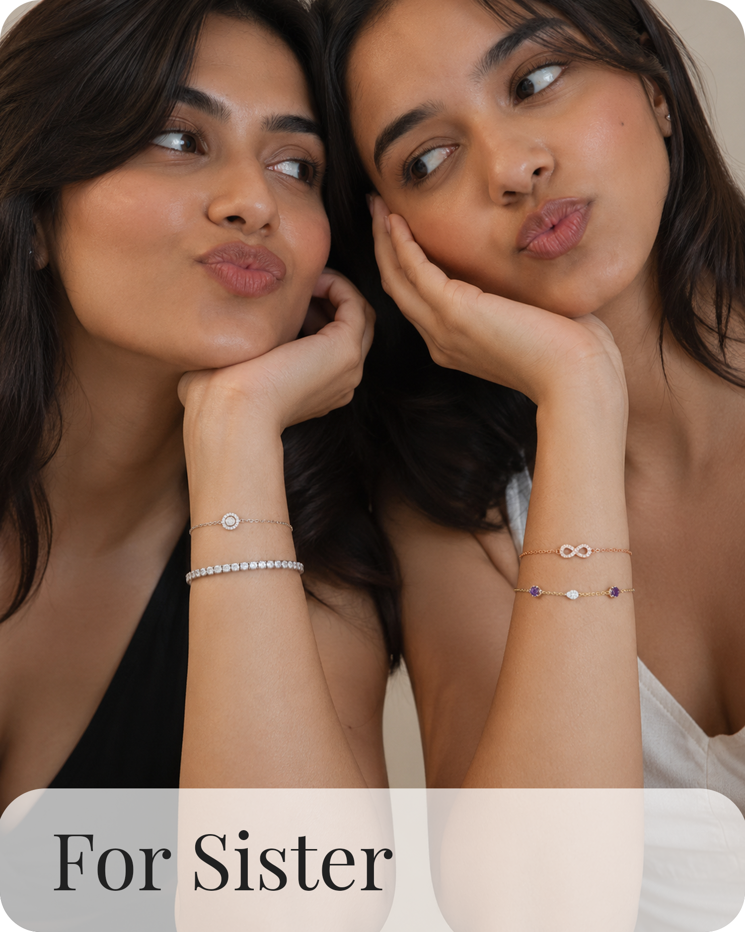 Two sisters wearing bracelets sterling silver jewelry gift for sister women's jewelry collection