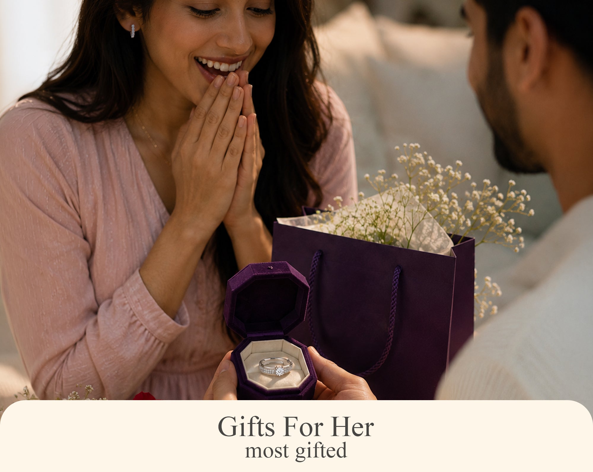 Gifts for her most gifted engagement ring proposal purple gift box diamond jewelry Ornate Jewels