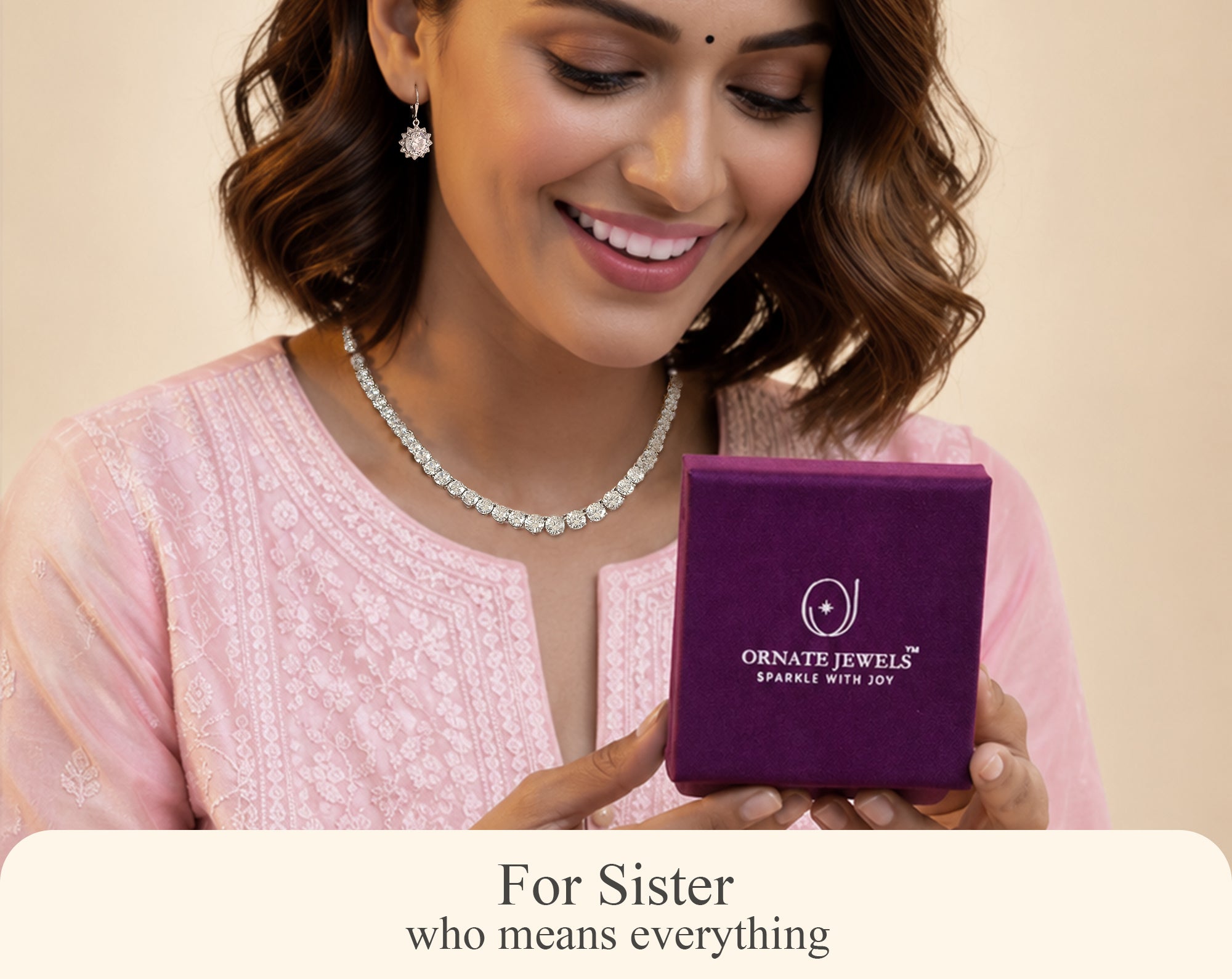 Gift for sister American diamond tennis necklace earrings jewelry Ornate Jewels gift box