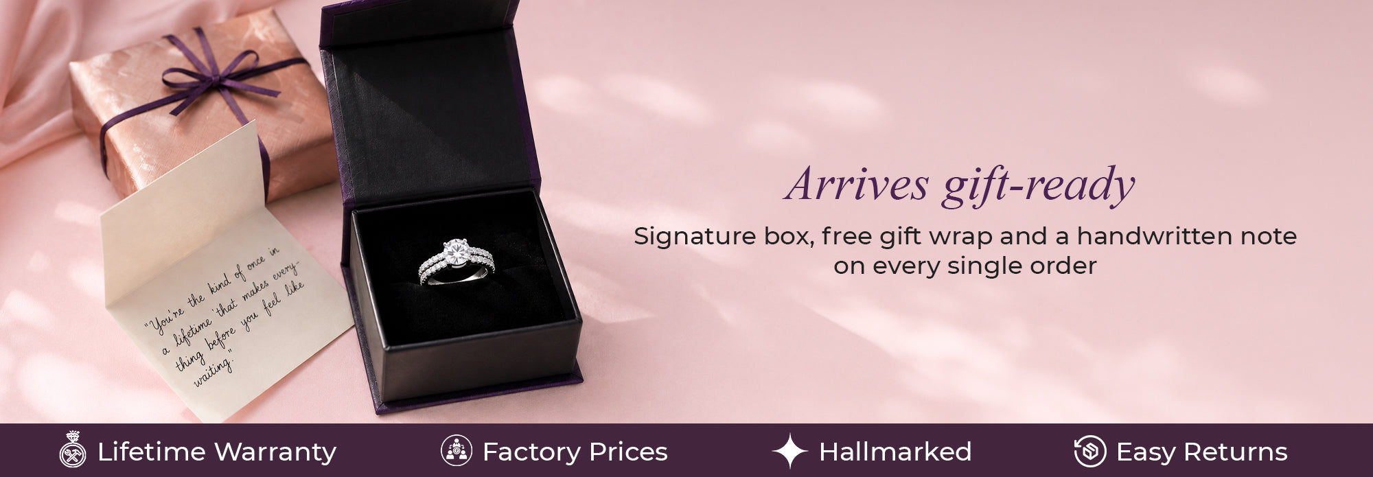 Premium jewelry gift-ready american diamond engagement ring in purple box with free gift wrap handwritten personalized note lifetime warranty hallmarked certified factory prices easy returns