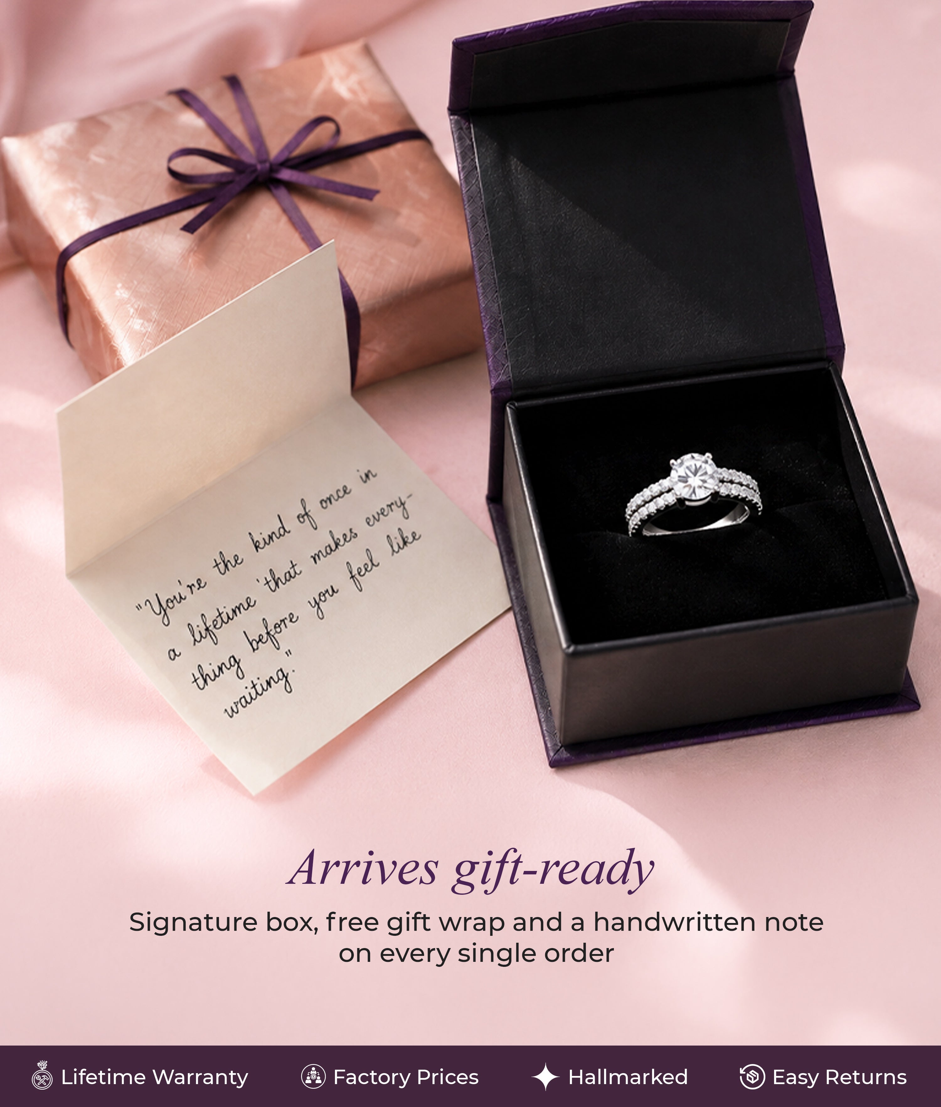 Premium jewelry gift-ready american diamond engagement ring in purple box with free gift wrap handwritten personalized note lifetime warranty hallmarked certified factory prices easy returns