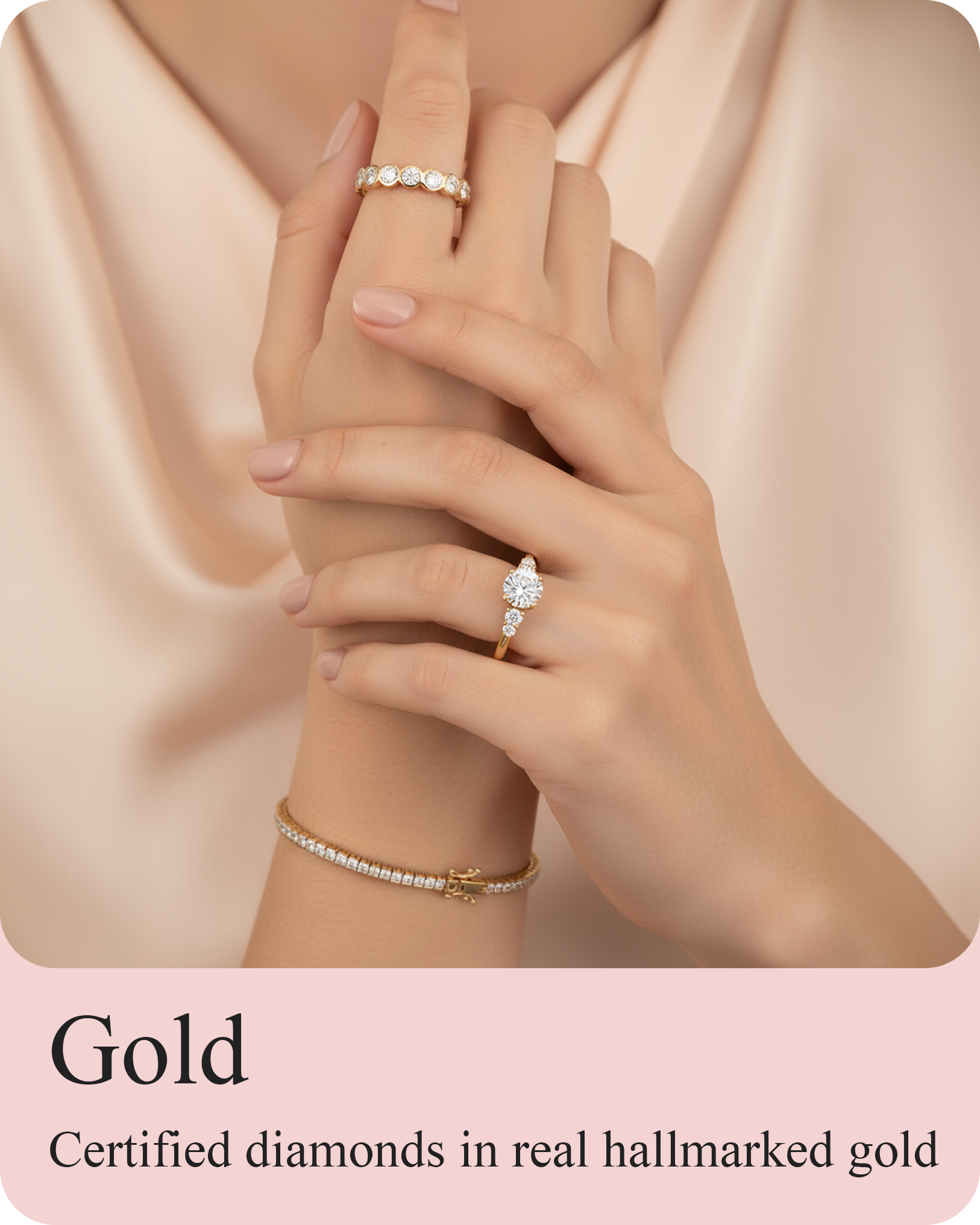 Woman wearing certified lab diamond rings and tennis bracelet in hallmarked gold jewelry luxury collection