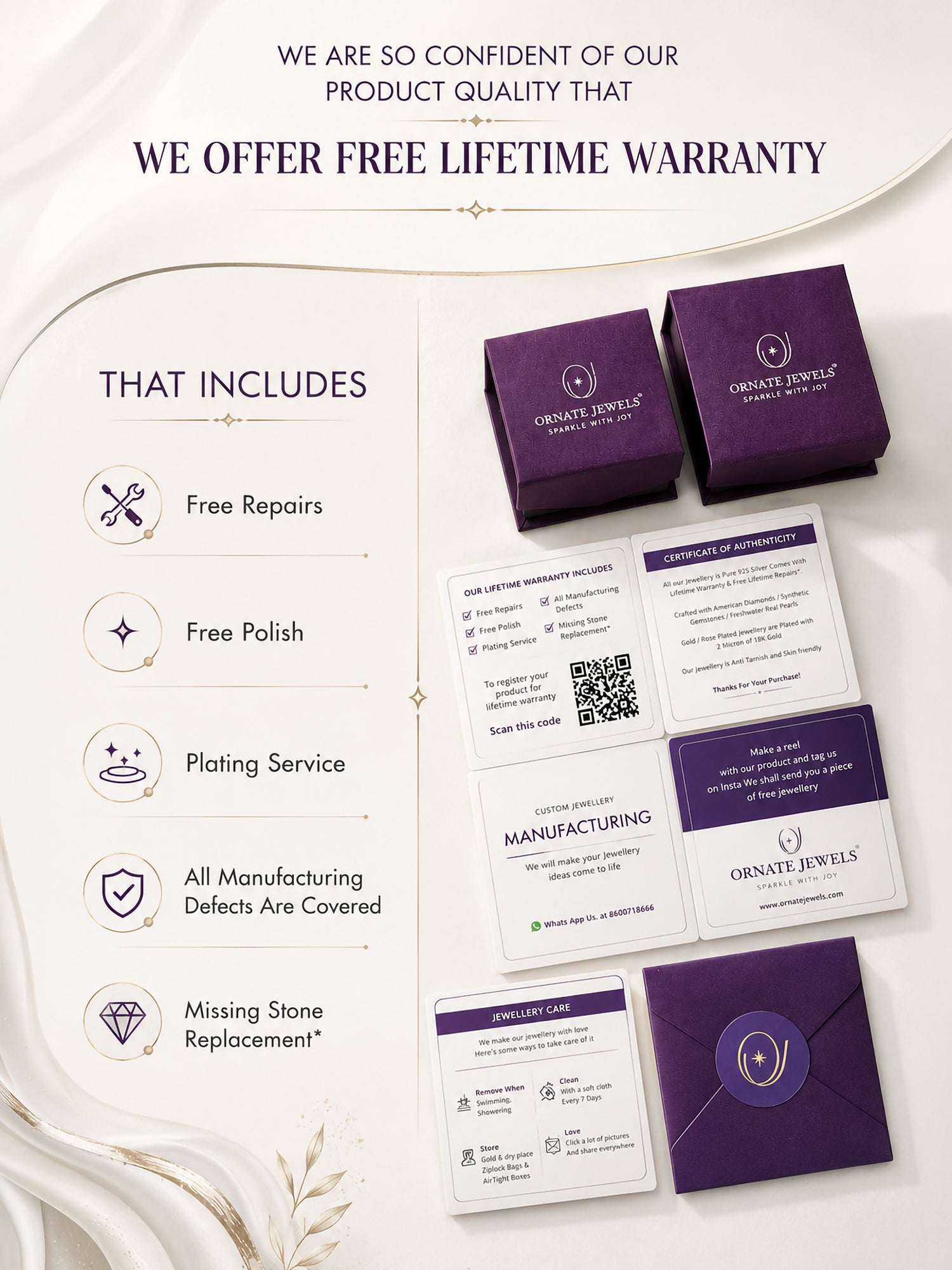 Ornate Jewels lifetime warranty certificate with free repairs, polishing, and plating services for premium jewelry