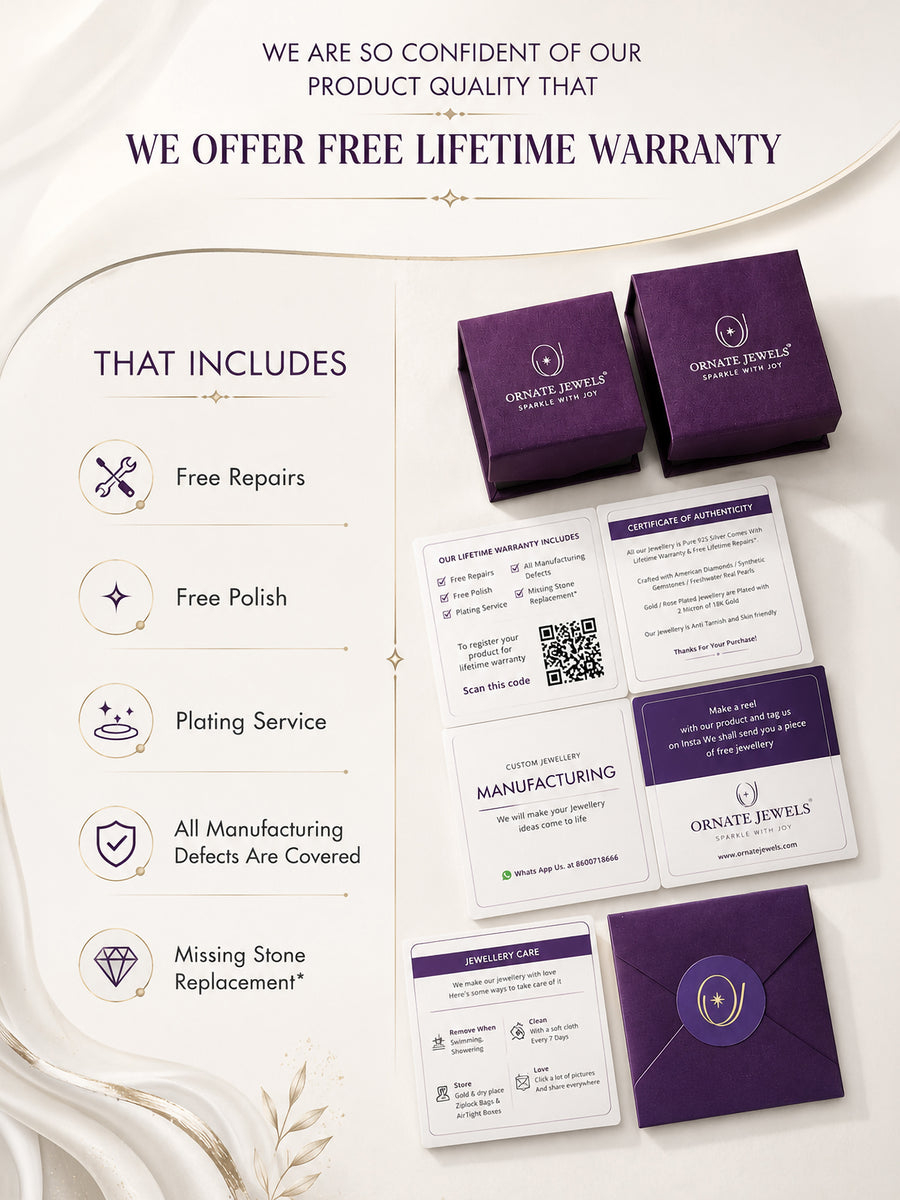 Ornate Jewels lifetime warranty certificate with free repairs, polishing, and plating services for premium jewelry