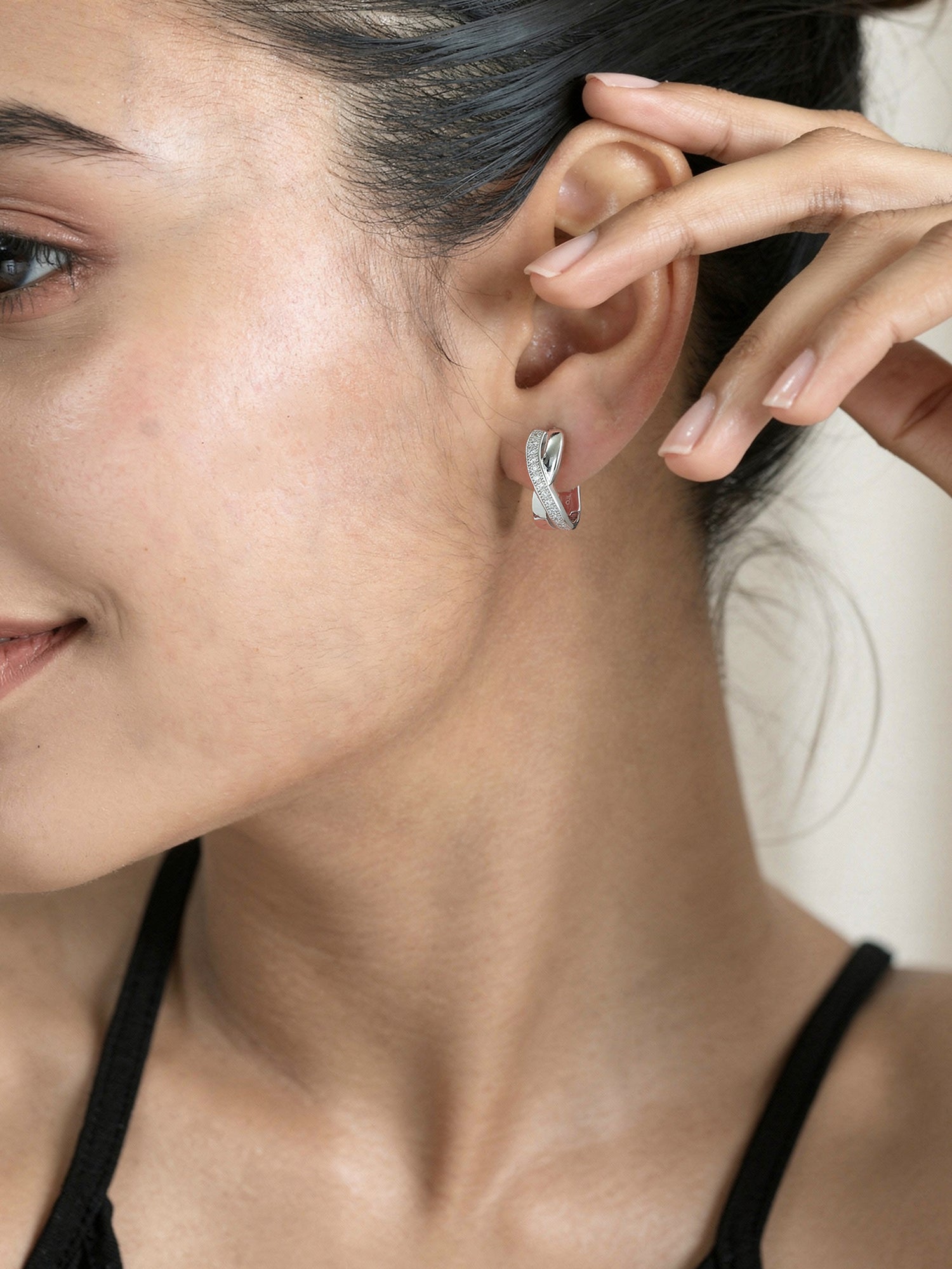 American Diamond Bali Hoop Earrings In Silver