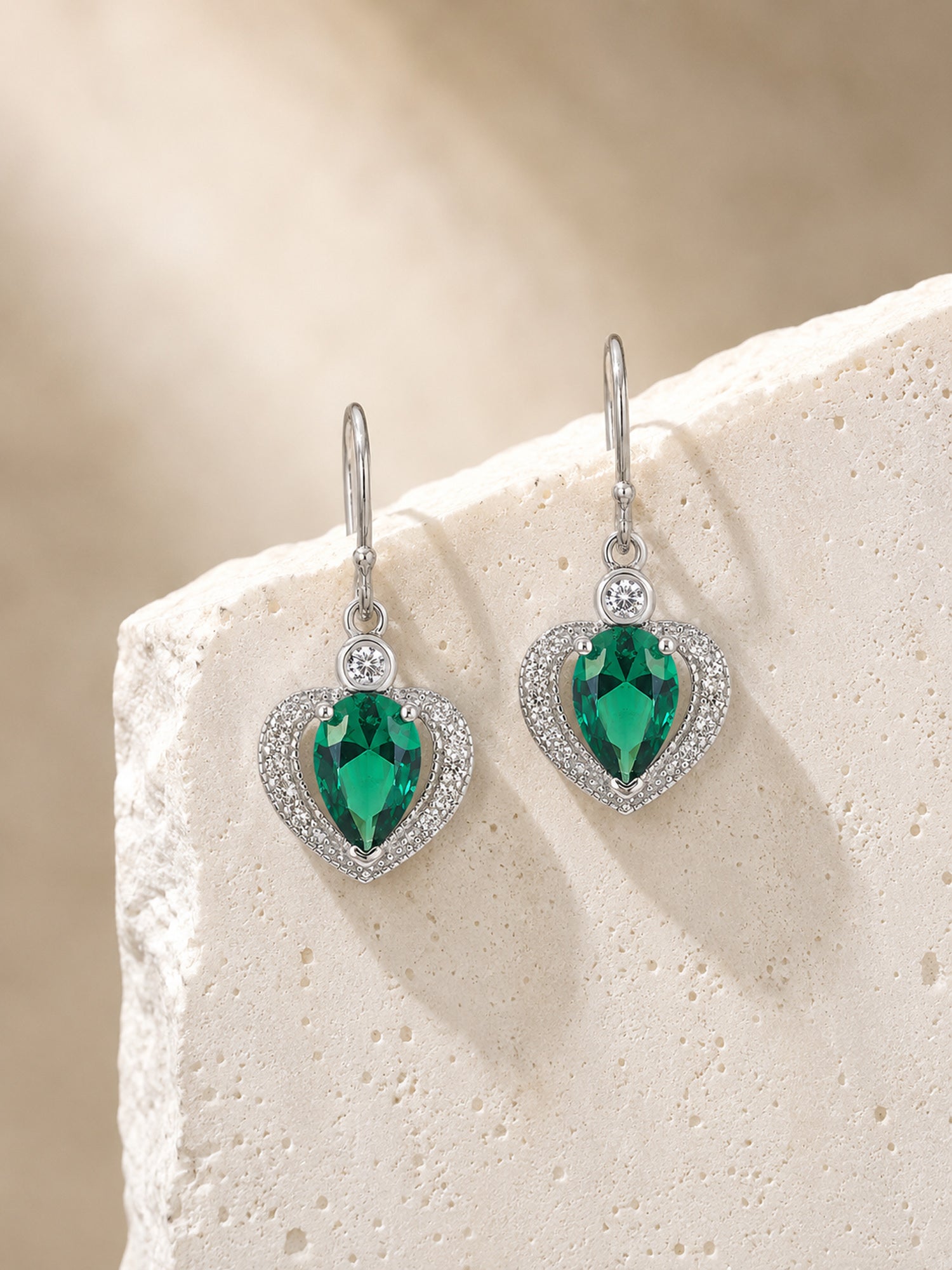 Heart Shaped Green Emerald CZ Silver Dangle Earrings