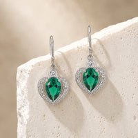 Heart Shaped Green Emerald CZ Silver Dangle Earrings