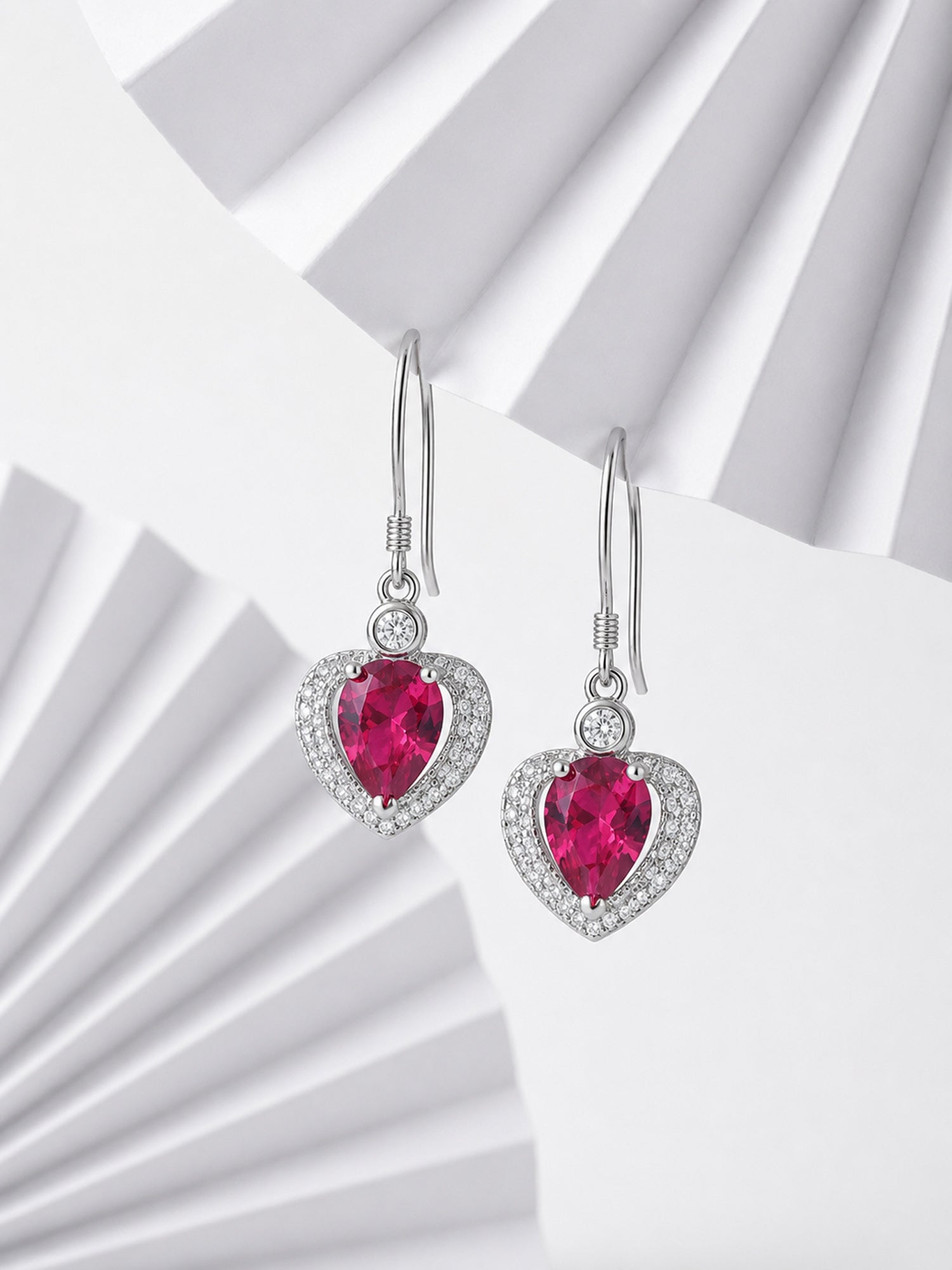 Heart Shaped Red Ruby CZ 925 Silver Dangle Earrings For Women