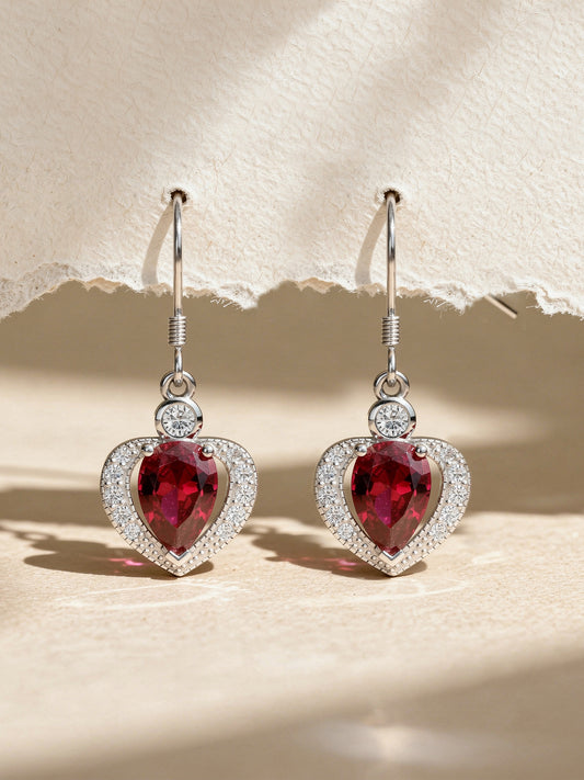 Heart Shaped Red Ruby 925 Silver Dangle Earrings For Women