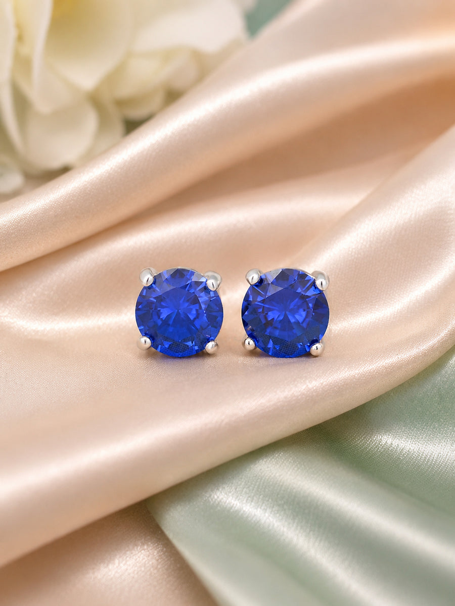 Midnight Blue Sapphire CZ Silver Solitaire Stud Earrings