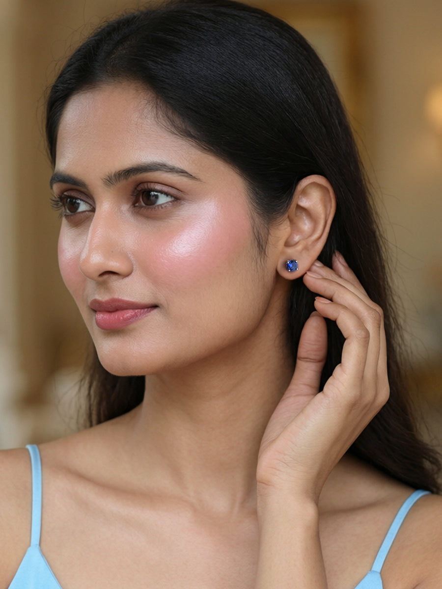 Midnight Blue Sapphire Silver Solitaire Stud Earrings