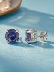 Midnight Blue Sapphire Silver Solitaire Stud Earrings