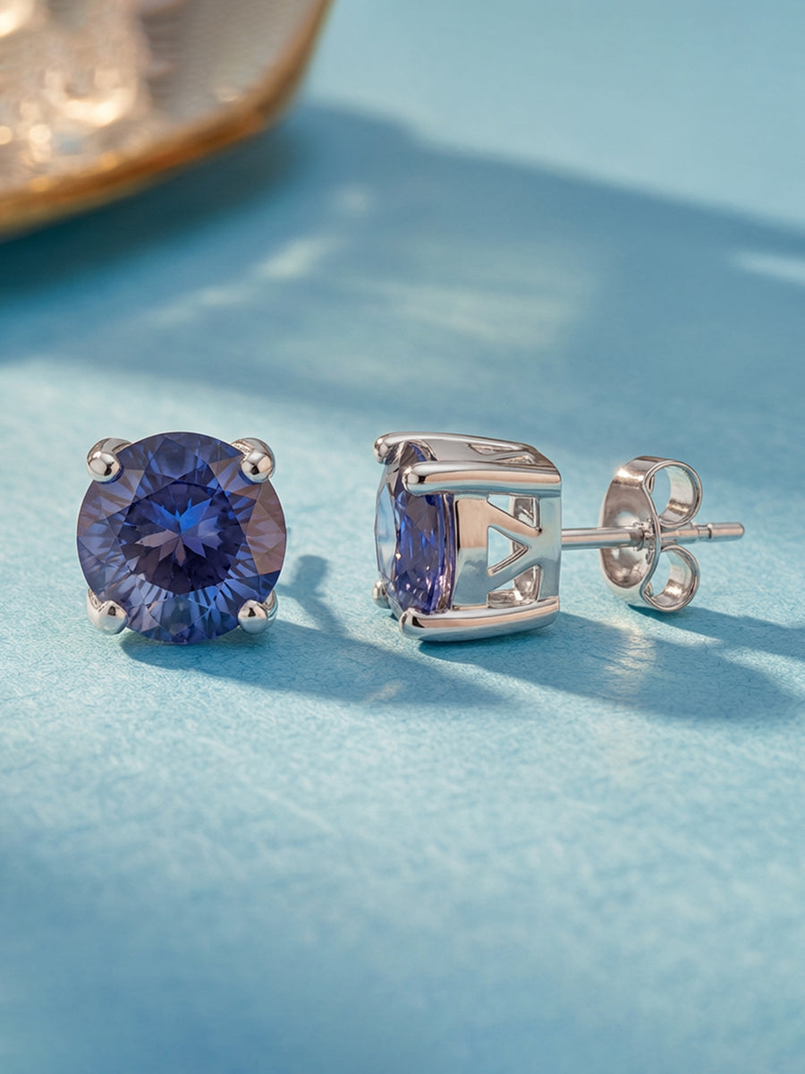 Midnight Blue Sapphire Silver Solitaire Stud Earrings