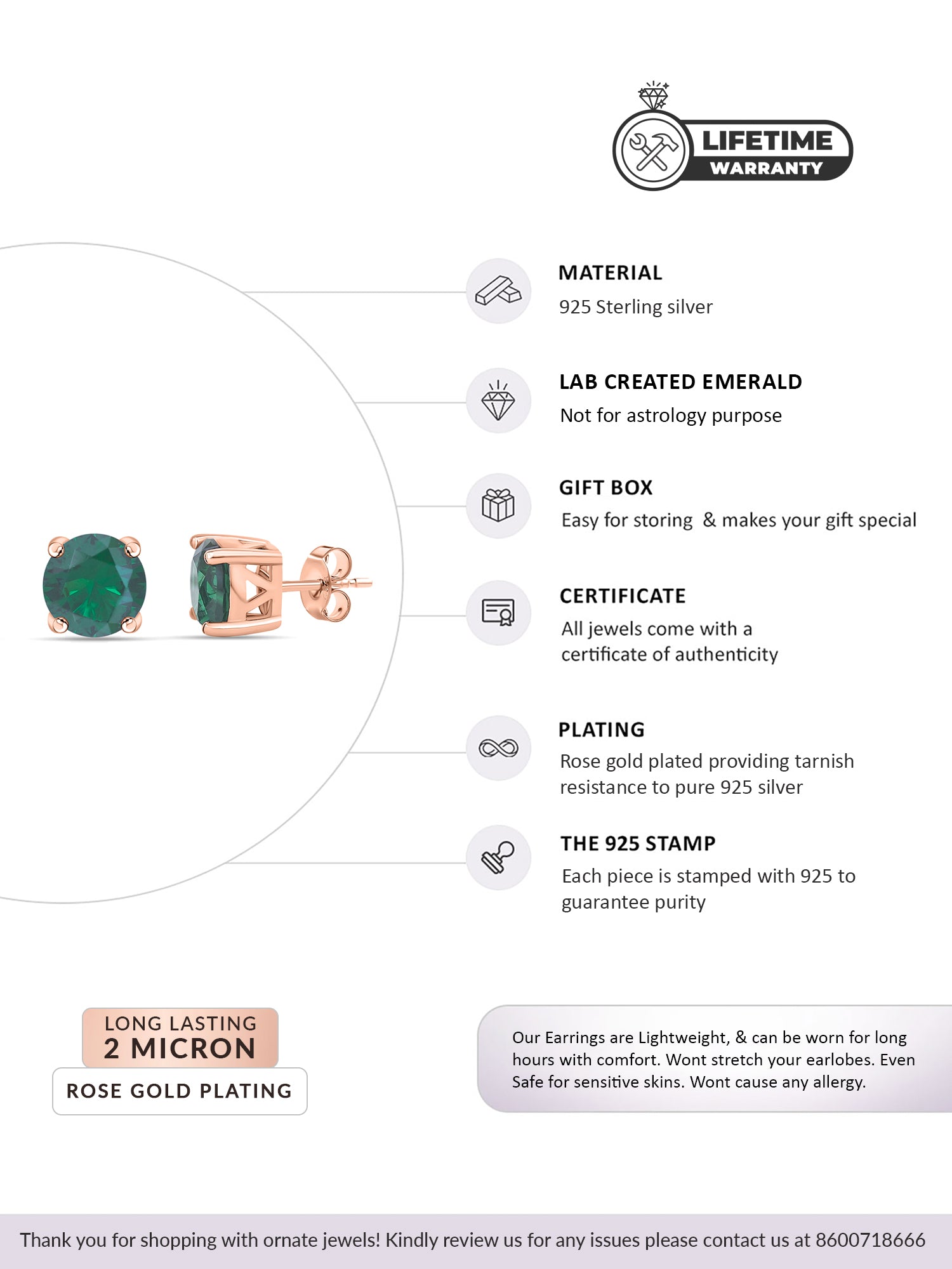 Green Emerald Rose Gold Solitaire Stud Earrings – Ornate Jewels