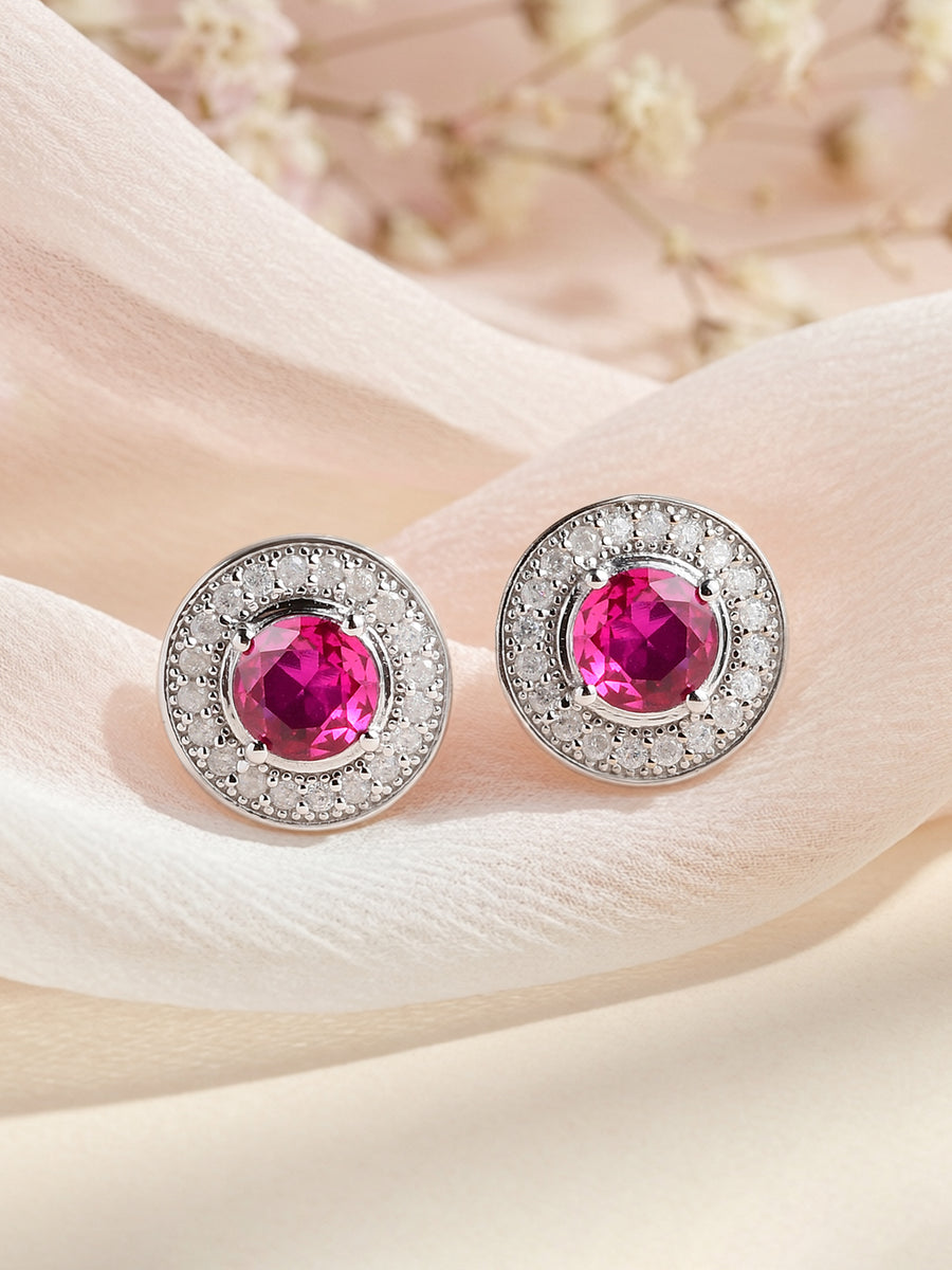 Red Ruby Halo Stud Earrings In 925 Sterling Silver