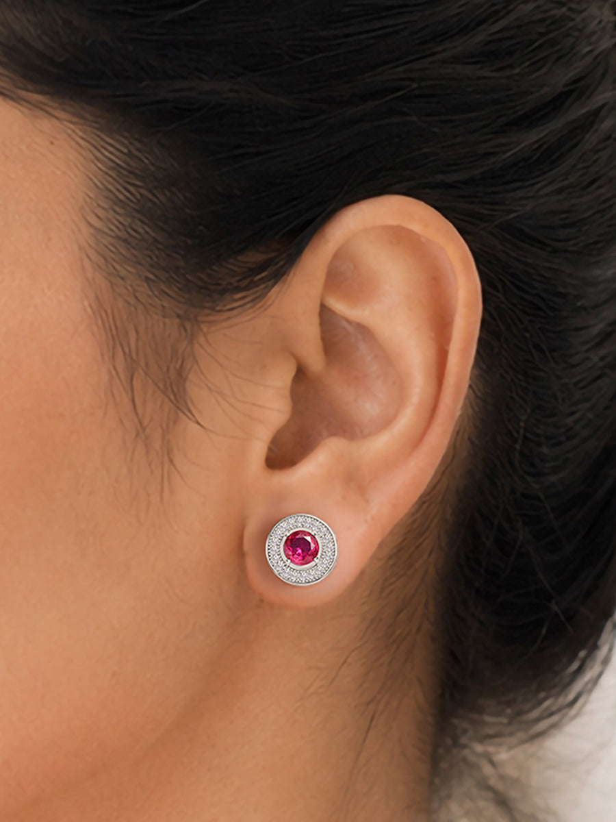 Red Ruby CZ Halo Stud Earrings In 925 Sterling Silver