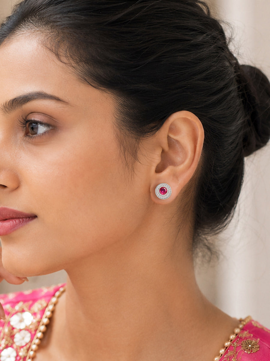 Red Ruby CZ Halo Stud Earrings In 925 Sterling Silver